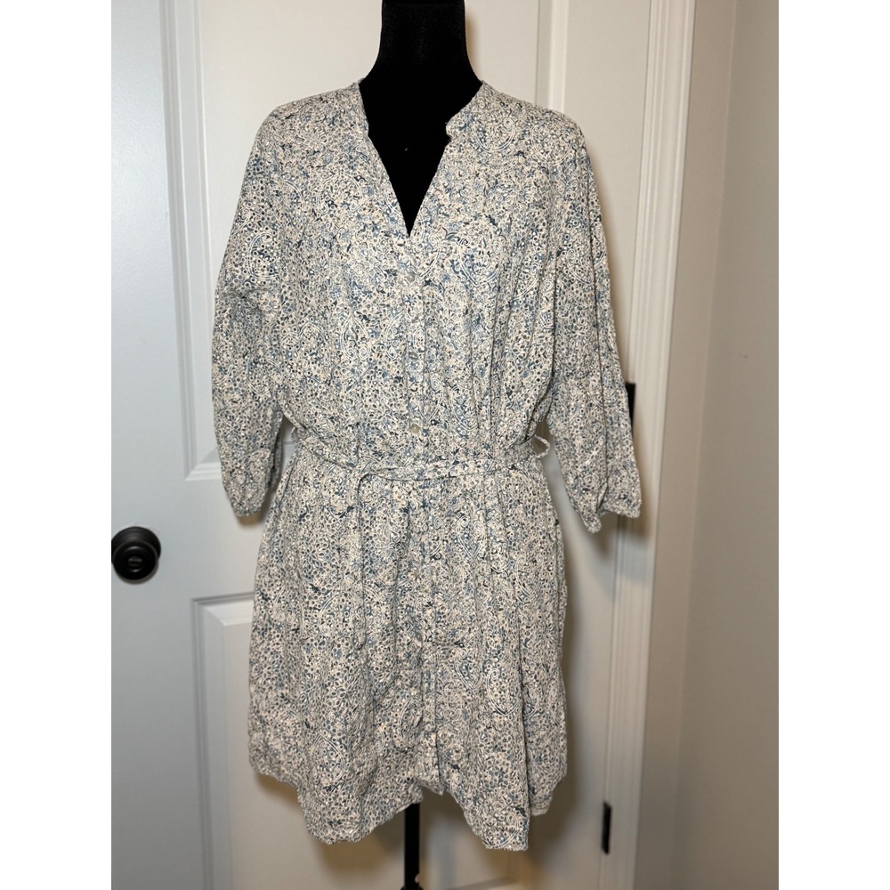 Zara Womens XXL Eyelet Feminine Contemporary Shirt Dress Blue White Belted